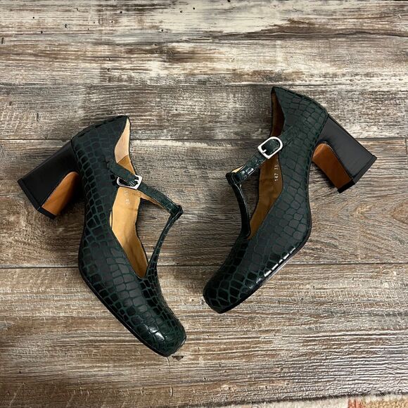 Audley Embossed Leather Green High Heels Pumps 40 US 9.5 Adjustable - Picture 2 of 9